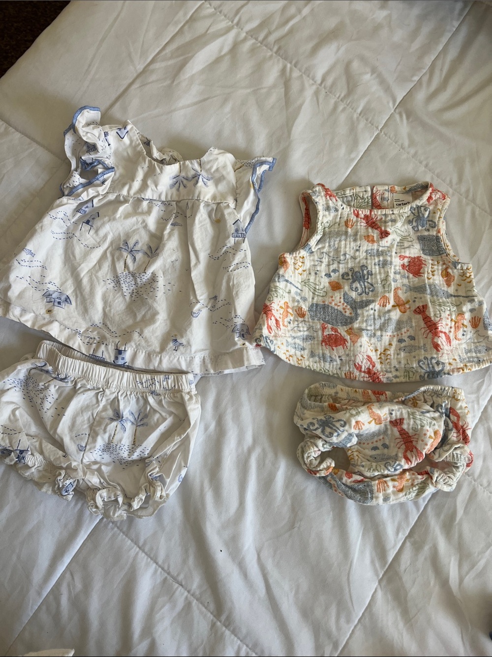 Carter's Baby Girls Two-Piece Sea Print Sets in White, Blue and Coral